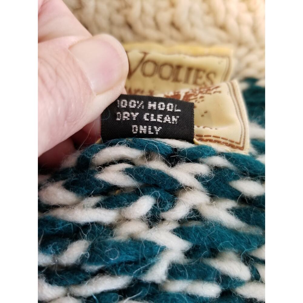 Woolies Unisex Hand Knit In Equador Cardigan Sweater Cream Green Navy Blue Large - Picture 8 of 8